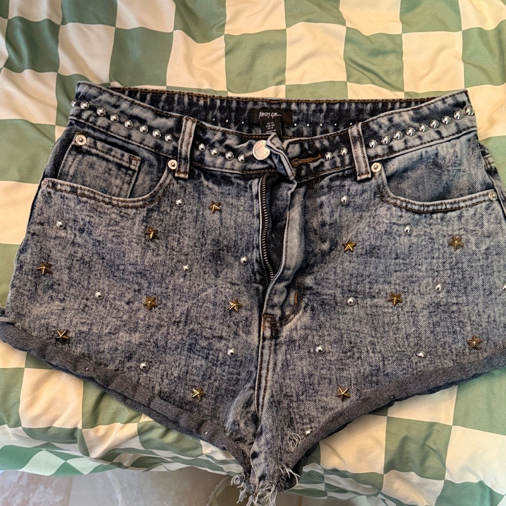 Nasty Gal Blue Jean Short Shorts with Silver and Gold Studs